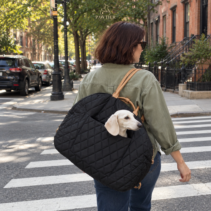 Woman carrying the black PAWTIER carrier with a dog on a city street