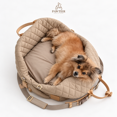 PAWTIER carrier in Beige opened as a bed with a small dog