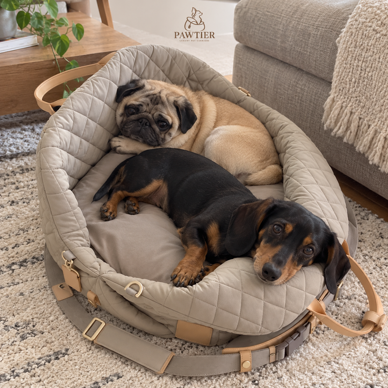 Two dogs resting in the PAWTIER carrier opened as a bed in a living room