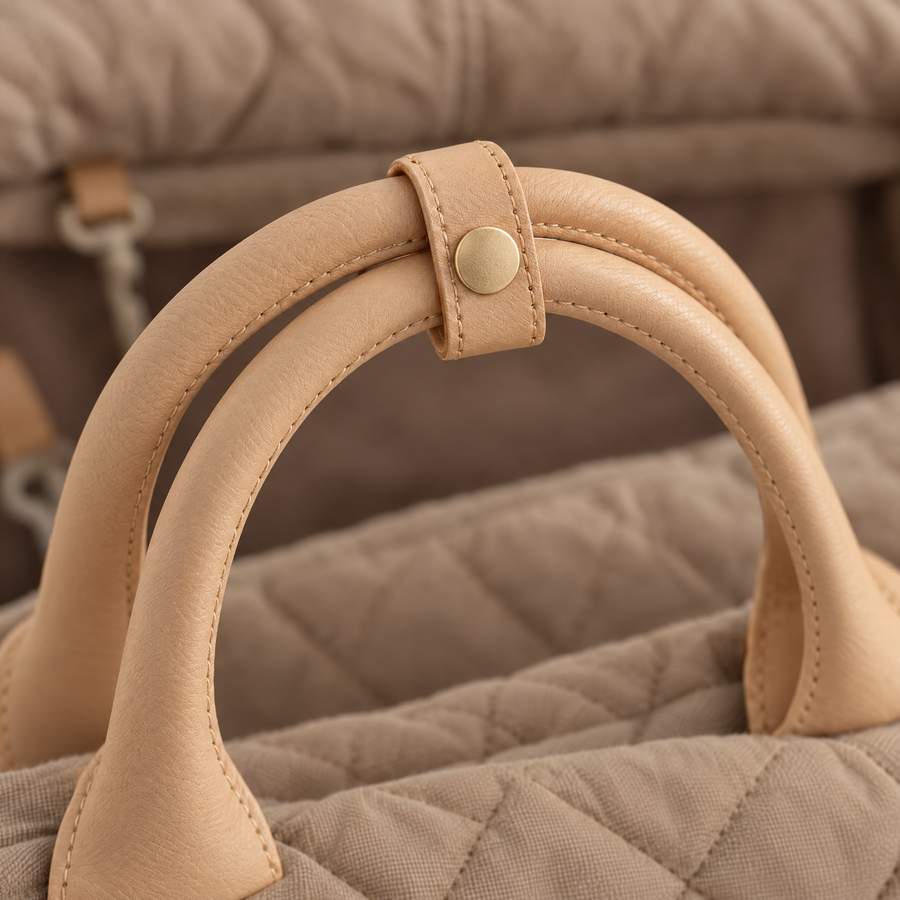 Close-up of the tan handles joined by a snap tab