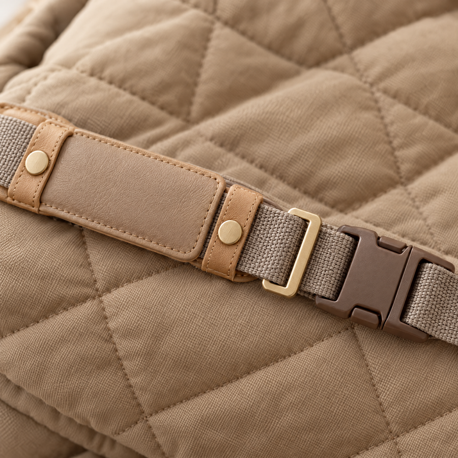 Close-up of the strap with leather pad and buckle